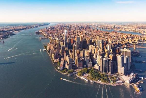 Aerial view of lower Manhattan New York City and the Hudson River
