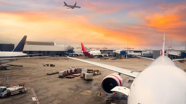Planes at an airport demonstrating trends with domestic airfares and corporate travel.