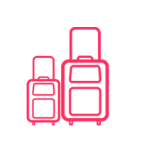 Two pink line graphic rolling suitcases, one large and one carry-on, side by side
