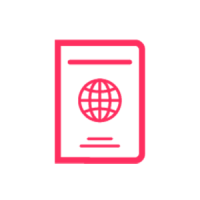 Red passport icon with globe emblem beneath cover line