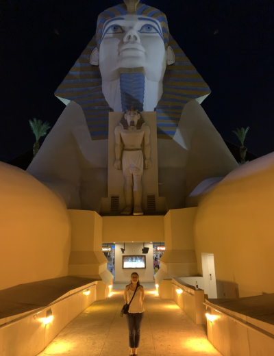 woman posing in front of the sphinx in Las Vegas
