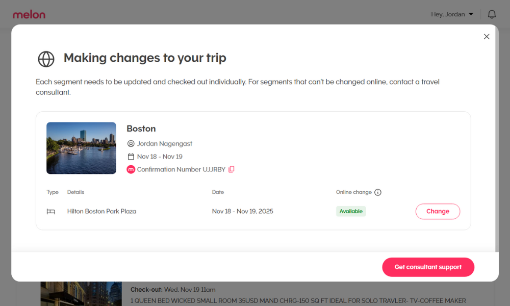 Modal indicating you can change your hotel in Melon.