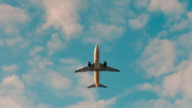 Aerial shot of an airplane in the sky representing the importance of calculating your carbon emissions with SAVI