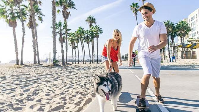 A couple playing with a dog on the beach, showcasing tourist attractions in the Los Angeles travel guide. 