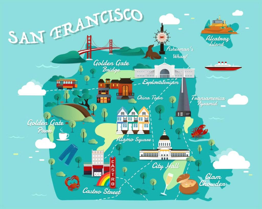 Illustrated map of San Francisco, showcasing tourist attractions in the San Francisco destination travel guide. 