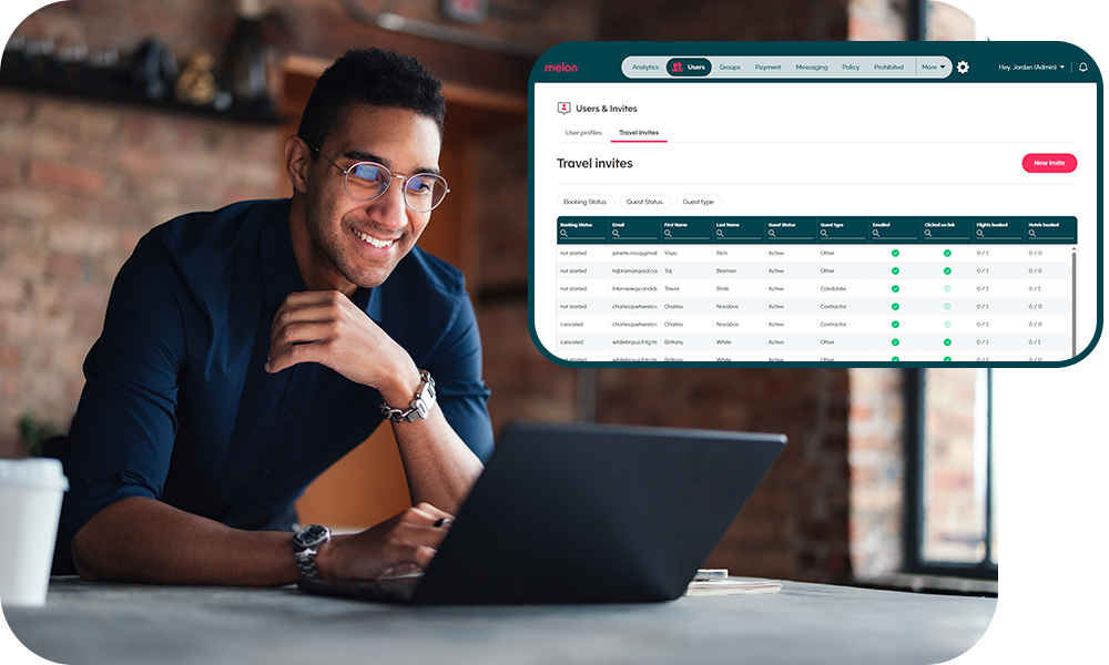 Man looking at computer screen with pop-out of our travel invites dashboard
