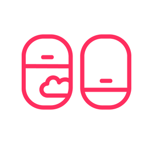 Two pink pill icons side by side, left containing a cloud shape